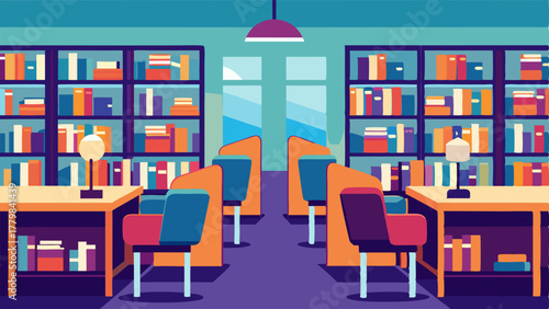 A bookfilled library with individual study carrels and comfortable chairs for quiet studying.