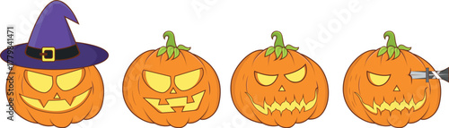 Cartoon halloween pumpkins and ghost with various expressions and accessories