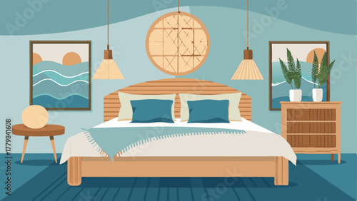 A bedroom with a headboard made of natural woven materials and a calming color palette inspired by the ocean.