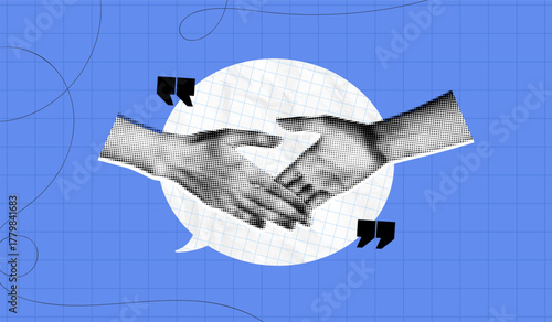 Trendy Halftone Collage Human Hands Shaking. Concept of business, success, teamwork. Deal agreement. Partners work together. Paper speech bubble message. Contemporary vector illustration art