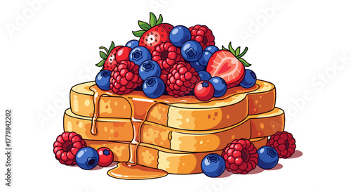 Delicious Stack of French Toast Topped with Fresh Berries and Drizzled with Honey Isolated on White Background