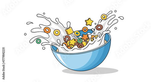 Delicious Cereal Splash In Bowl With Milk Cartoon Style Illustration Isolated On White Background