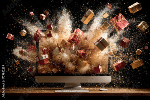 Wrapped Gift Boxes Flying from Computer Monitor Screen against Black Background
