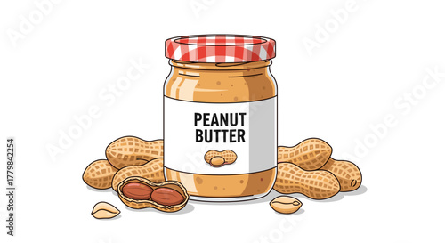 Cartoon Style Peanut Butter Jar with Peanuts Isolated on White Background Food Ingredient