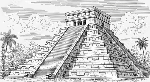 El Castillo Pyramid Ancient Mayan Civilization Iconic Landmark Jungle Setting Illustration