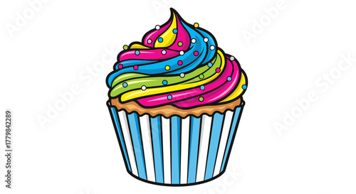 A delicious cartoon style cupcake with colorful frosting and sprinkles isolated on a white background