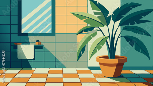 A bathroom with a tropical mosaic tile floor and a large potted banana plant in the corner.