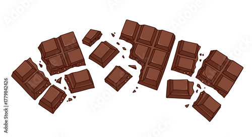 Delicious Dark Chocolate Bar Pieces Broken Scattered Isolated On White Background Sweet Food