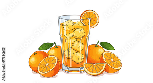 Refreshing Orange Juice With Ice Cubes And Fresh Citrus Fruits Isolated On White Background Cartoon Style