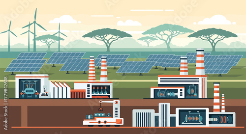 Sustainable industrial plant showcasing renewable energy integration with solar panels, wind turbines, and an underground factory cross-section