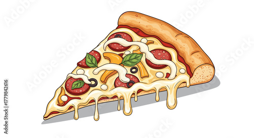 Delicious slice of pepperoni pizza dripping with melted cheese isolated on white background cartoon style illustration