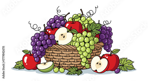 Abundant Basket of Fresh Fruits Featuring Apples and Grapes Isolated on White Background