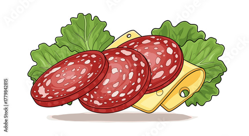Fresh Salami Slices and Cheese with Lettuce Isolated on White Background Cartoon Style Illustration