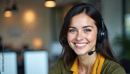 Smiling call center agent wears headset in office. Businesswoman works at customer service. Portrait of happy operator answering call. Friendly woman supports client, looks confident and trustworthy.
