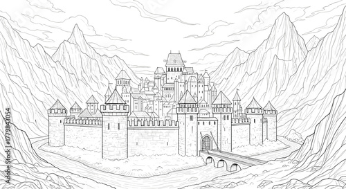 Epic medieval fortress city nestled in majestic mountain valley surrounded by dramatic peaks and a stone bridge detailed illustration