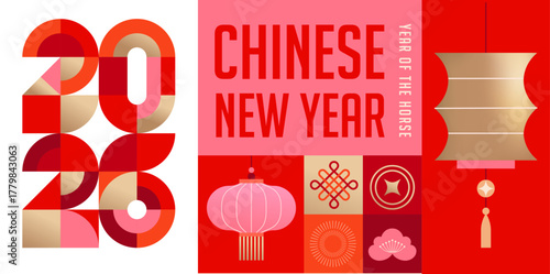 Modern geometric banner for Chinese New Year 2026 - Year of the Horse
