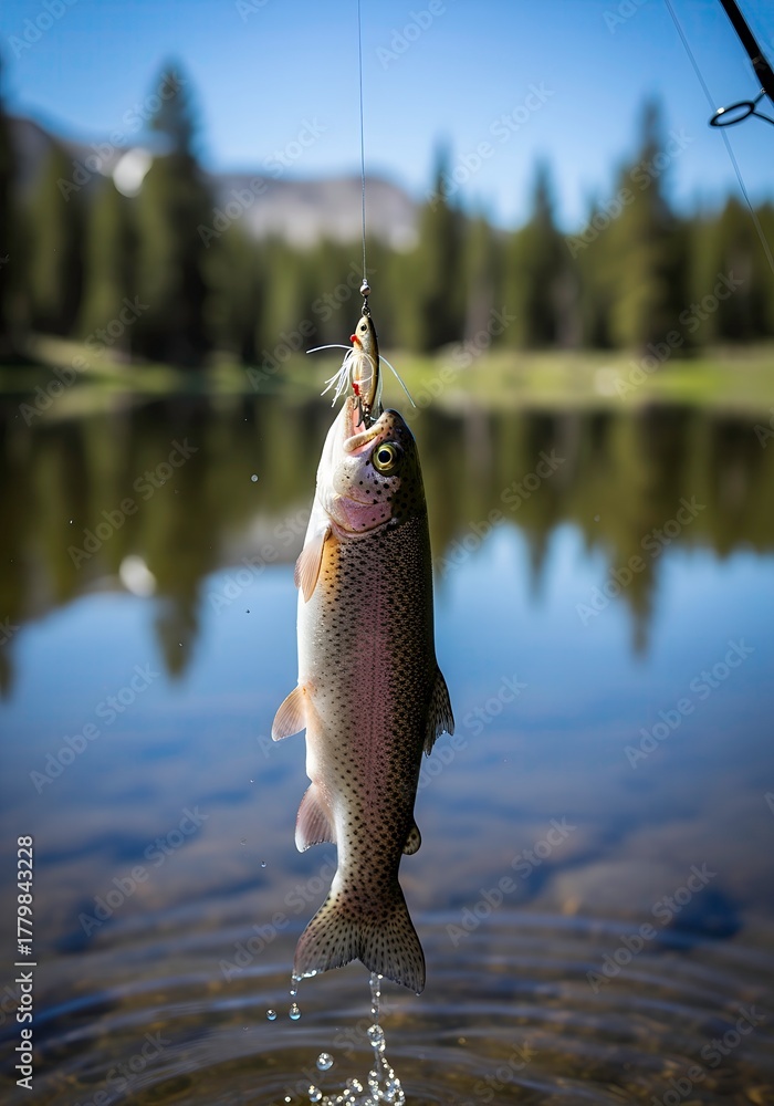 Obraz premium Rainbow trout caught on fishing line above serene lake water 