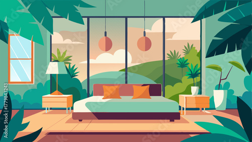 A bedroom with a large floortoceiling window showcasing a stunning view of a tropical garden with modern furniture and accents adding a sleek touch.