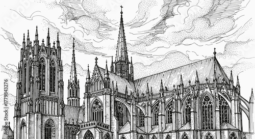 Detailed Gothic Cathedral Architecture Drawing Featuring Intricate Spires and Arches Under a Cloudy Sky