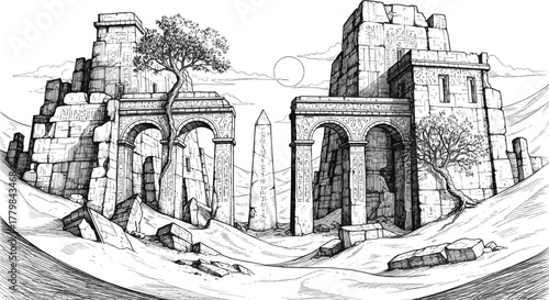 Ancient Stone Ruins in a Desert Landscape with Arches and Crumbling Structures evoking a Sense of Lost Civilization