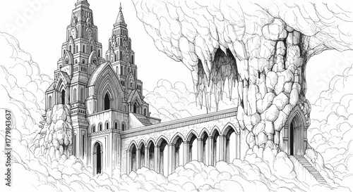 Epic Fantasy Castle Emerging from Mystical Clouds and Craggy Mountain Caves Illustration