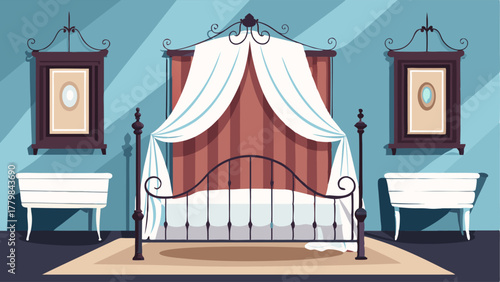 A bedroom with a wrought iron bed frame draped in white curtains and decorated with a variety of antique mirrors and frames on the walls.