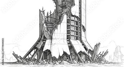 Devastated futuristic skyscraper in ruins showing extensive damage and destruction symbolizing disaster and apocalypse