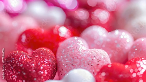 Assorted candy hearts coated in pink and red glaze with shimmering speckles. Perfect for Valentine's Day or a romantic gesture.