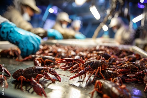Freshly caught crawfish being sorted and prepared by workers in a seafood processing facility, crawfish delicacy ready for seafood boil and restaurant service.