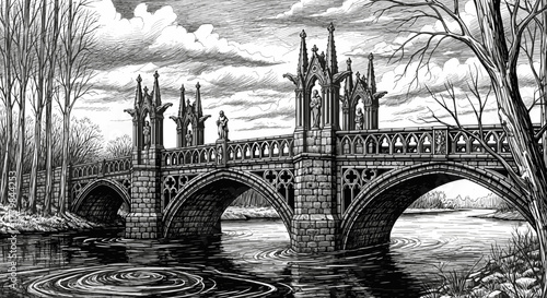 Gothic Revival Bridge Architecture Over River in Artistic Engraving Style