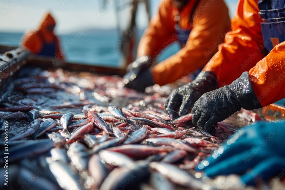 Obraz premium Commercial fishermen sorting freshly caught fish on a boat at sea, hands wearing protective gloves, selecting a sardine catch with ocean in background.