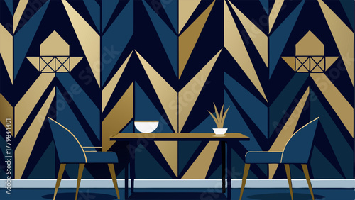 A bold geometric patterned wallpaper in shades of navy blue and gold adding drama to a dining room.