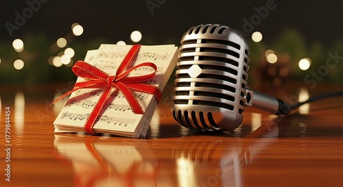 Classic chrome microphone beside bound sheet music, adorned with a bright red bow, capturing the spirit of caroling. Celebrating a special holiday musical day with festive winter lights.