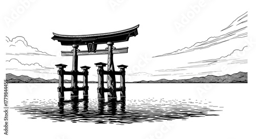 Serene Japanese Torii Gate Stands Majestically in Calm Water Under Cloudy Sky