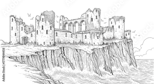 Ancient Stone Castle Ruins Perched Dramatically on a Rocky Cliff Overlooking the Sea in Detailed Pen and Ink Sketch Style