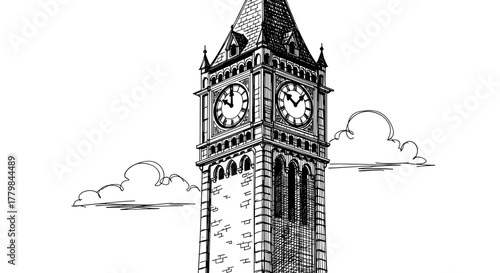 Detailed sketch of a classic clock tower silhouette against soft clouds evoking historical grandeur and time-passing concepts