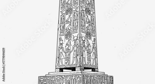Ancient Egyptian Obelisk Tower with Hieroglyphic Carvings Isolated on White Background Sketch Art