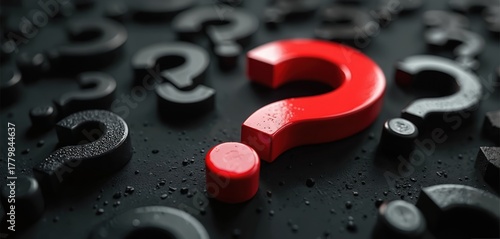 Red question mark stands out among many dark question marks on black surface. Symbolizes critical question, problem, or important inquiry. Think about a solution, find answer.