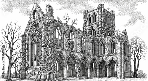 Historic Gothic Abbey Ruins Overgrown With Vines Under Dramatic Sky In Detailed Pen And Ink Illustration Style