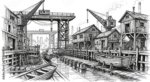 Vintage Industrial Shipbuilding Yard Scene with Cranes and Wooden Boats in a Stylized Sketch Illustration