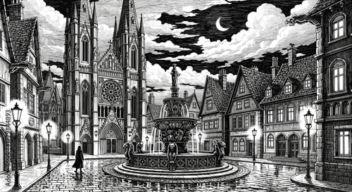 Mysterious Medieval European City Square at Night with Gothic Cathedral and Fountain Detailed Ink Illustration