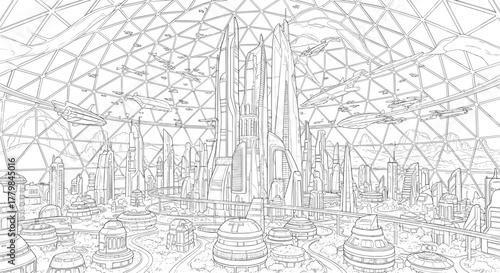 Futuristic Cityscape Architectural Sketch with Geometric Dome Structure and Tall Buildings Outline Style