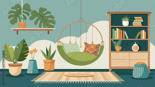 A bedroom with a hanging swing chair a woven tapestry headboard and shelves filled with tropical plants.