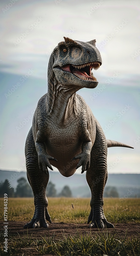 Fototapeta premium A large, gray Allosaurus stands tall in a grassy plain. It stares forward with its mouth slightly open, revealing its teeth. Trees are visible in the distant background