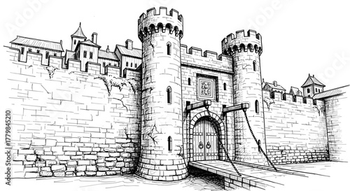 Medieval Castle Gatehouse With Drawbridge And Town Wall Historic Architecture Cartoon Style Illustration