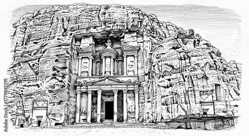 Ancient Nabataean Treasury Facade Carved into Rocky Mountain Face Historic Architectural Landmark Illustration