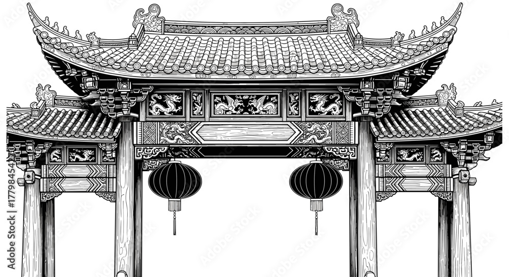 Fototapeta premium Intricate Chinese Pagoda Gate Architecture Detailed Ink Drawing Isolated on White Background