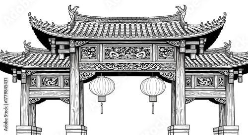 Ornate Traditional Chinese Gate with Hanging Lanterns and Intricate Carvings in Detailed Illustration Style
