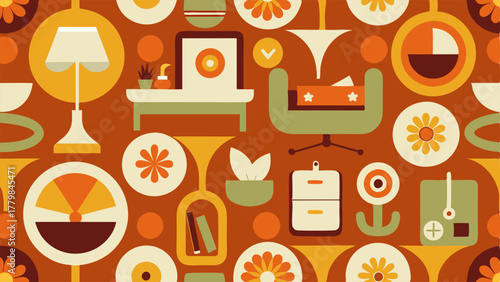 A bold graphic wallpaper with a repeating pattern of iconic 60s and 70s symbols creating a playful backdrop for a home office or creative space.