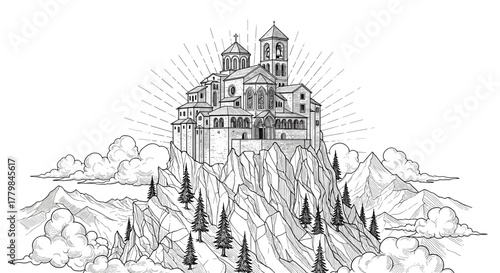 Detailed Line Drawing of a Majestic Monastery or Castle Perched on a Rocky Mountain Peak Surrounded by Clouds and Sunburst Rays